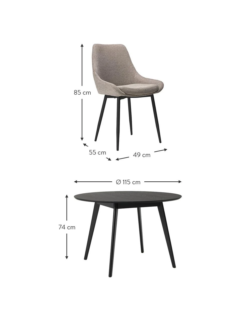 Rowico Runder Esstisch Yumi mit Polsterstühlen in Schwarz/Beige, Ø 115 cm, Set mit verschiedenen Größen 6 Rowico Runder Esstisch Yumi mit Polsterstühlen in Schwarz/Beige, Ø 115 cm, Set mit verschiedenen Größen – Bild 4