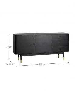 Rowico Schwarzes Sideboard Fenwood mit Schubladen mit Eichenholzfurnier, B 160 x H 79 cm -Esszimmer Verkäufe Schwarzes Sideboard Fenwood mit Schubladen mit Eichenholzfurnier 2